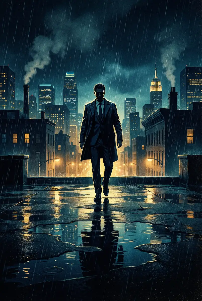 红桃视频 出品影片《雨夜独行者》海报，雨中城市屋顶男性剪影